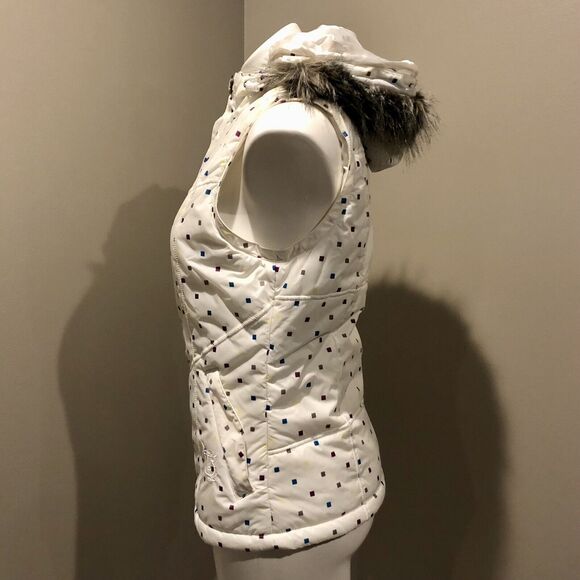 Burton Dryride Puffer Vest Small Cream Hooded Faux Fur Trim Zip Snap Pockets - Picture 5 of 12